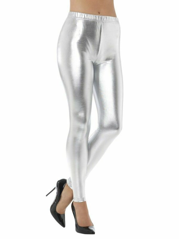 70s 80s 90s Metallic Disco Dance Space Costume Leggings Pants Silver Smiffys UK