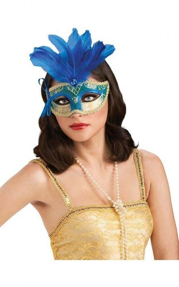 Blue Feather Carnival Mask Masquerade Halloween New Years Ladies Spring Racing - Image 4