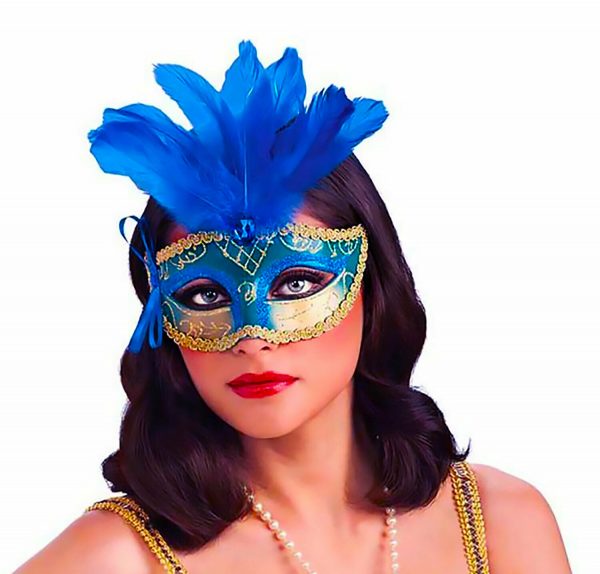 Blue Feather Carnival Mask Masquerade Halloween New Years Ladies Spring Racing