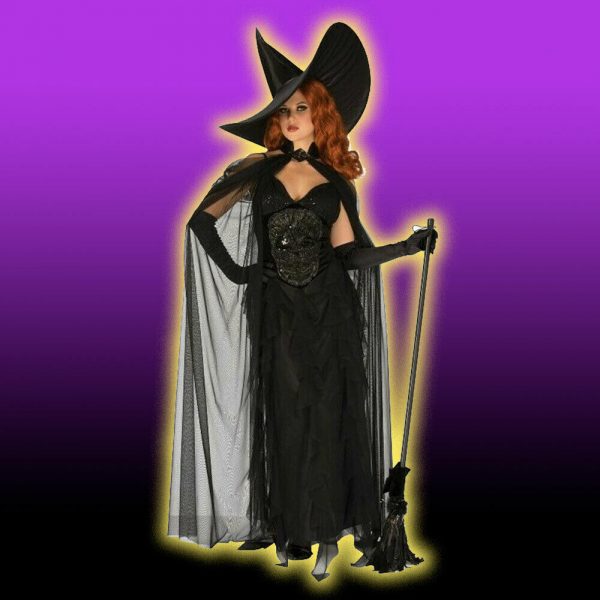 Elegant Witch Halloween Womens Costume w Oversize Hat Black w Sequin Accents M