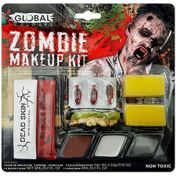 Halloween GLOBAL Zombie Costume MakeUp Accessory Kit Blood Teeth Sponge DeadSkin