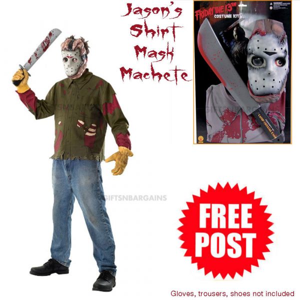 JASON ADULT MENS COSTUME KIT FRIDAY THE 13TH MASK SHIRT MACHETE HALLOWEEN HORROR