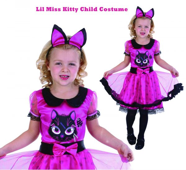 Lil Miss Kitty Halloween Pink Cat Witch Costume S:S(6)/M(8) Girls Fancy Dress