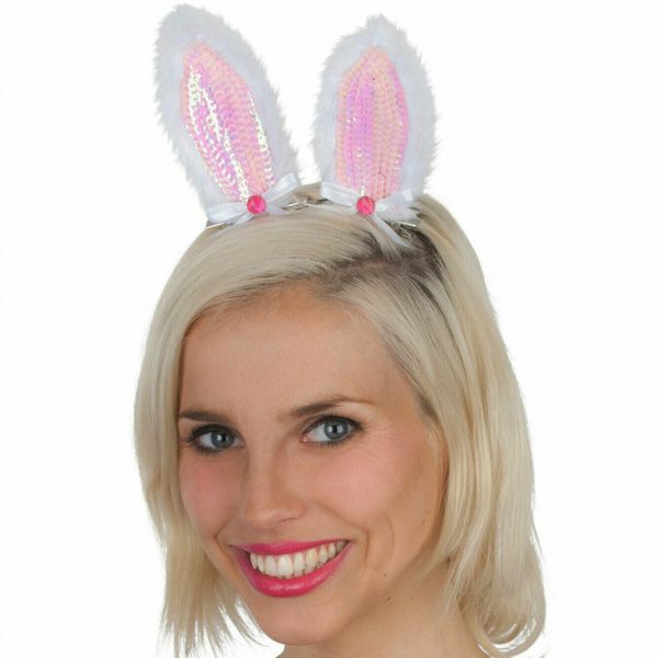 Bunny Ears Pink White Sequin Hair Clips Easter Rabbit Fancy Dress Adult Access'y