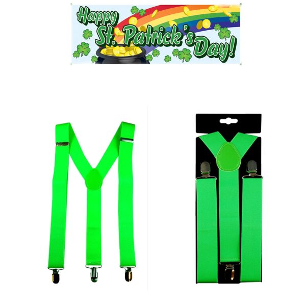 St Patrick Neon Green Suspenders Braces Irish Leprechaun Hens Party 80s Costume - Image 4