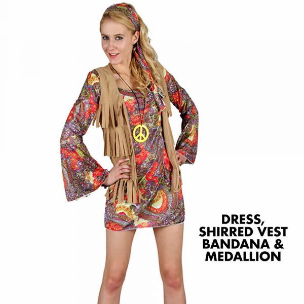 Woodstock Hippie Ladies 60s Costume Fancy Dress Peace Flower Power Dress S-M-L - Image 4