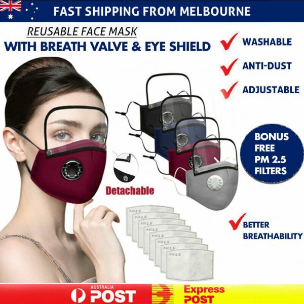 Cotton Face Mask Washable Reusable 2/5 PM2.5 Filters w Eyes Shield Anti Dust AU