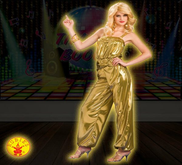 Gold Disco Diva 70s Jump Suit Metallic Dance Costume Fancy Dress Flared Pants - Image 5