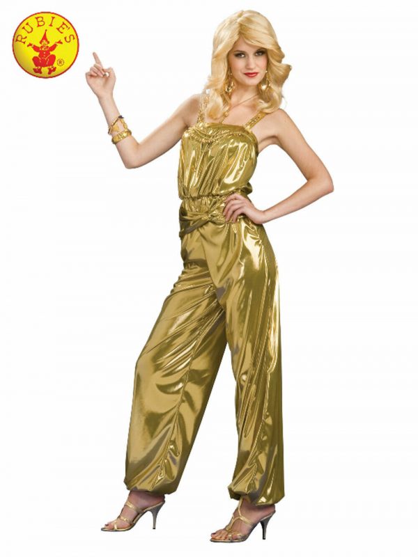 Gold Disco Diva 70s Jump Suit Metallic Dance Costume Fancy Dress Flared Pants