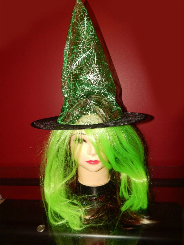 Green Glitter Witch Hat with Hair Halloween Costume Accessory Girls Teens Child - Image 4