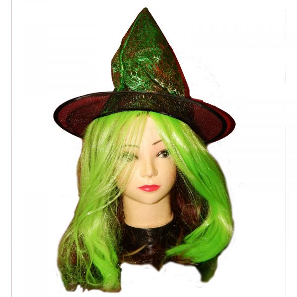 Green Glitter Witch Hat with Hair Halloween Costume Accessory Girls Teens Child