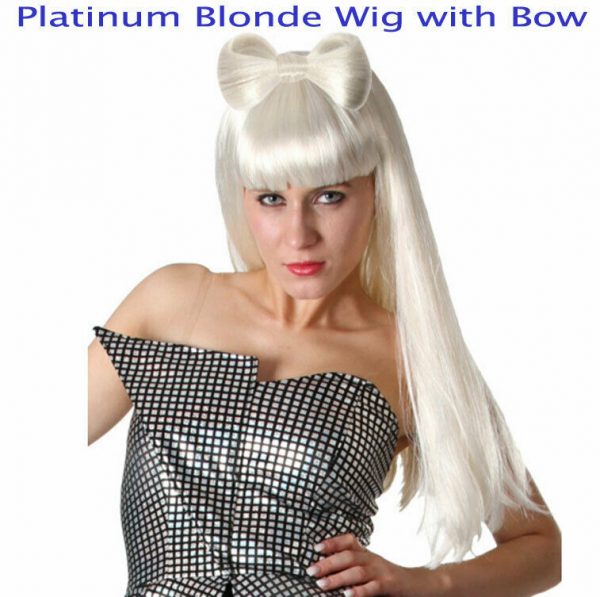 Lady Gaga Wig Celebrity Platinum Blonde Star Straight w Bow Costume Women