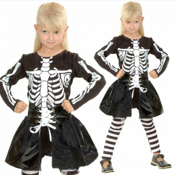 Lil Skeleton Girl Halloween Costume Dress Skirt Pants Skull Bones Child Kid S:L