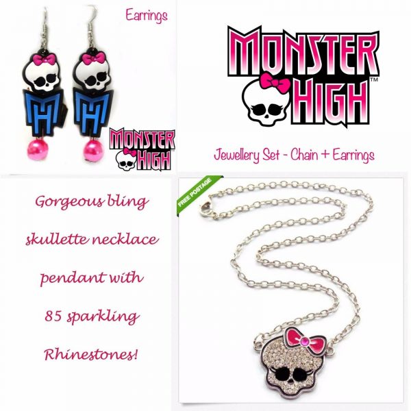 MONSTER HIGH SKULLETTE CHAIN & EARRINGS BIRTHDAY GIRL LICENSED JEWELLERY GIFT