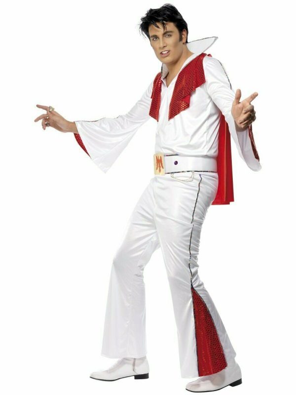 Men Elvis Presley Red Cape White Jumpsuit Costume Rock'n'Roll 1950s