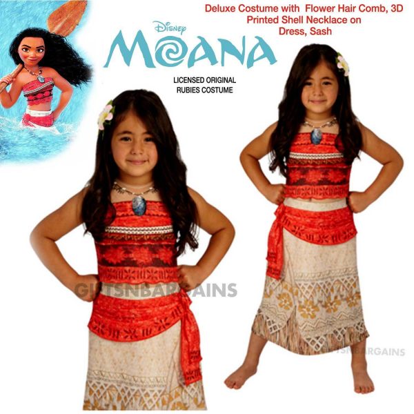 Moana Girls Costume Disney Deluxe Printed Dress Flower Hair Comb Island Licensed - Image 6