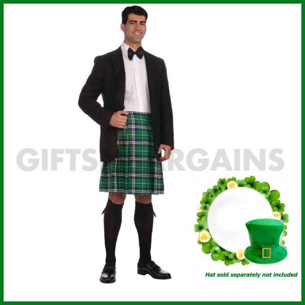 St Patrick's Day Adult Irish Costume Gentleman Kilt Green Plaid Skirt Pats XL