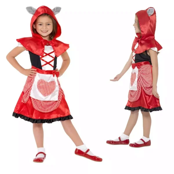 Miss Hood Costume, Girls Story Book Fancy Dress with Wolf Ears & Attached Red Hooded Cape S: Medium