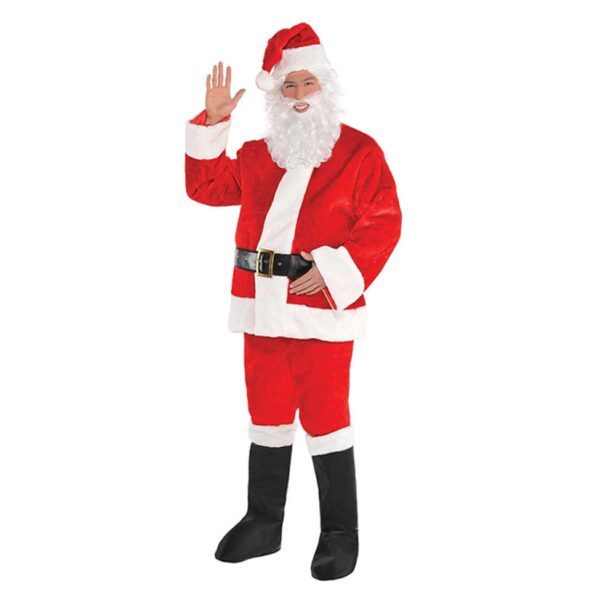 Santa Claus Christmas 7 Pc Suit: Red Jacket,Trousers,Beard,Hat,Belt,Boot Covers,Wig - Image 2