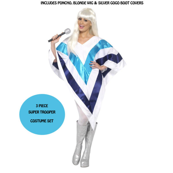 Super Trooper Costume 3Pc - Poncho Cape, Blonde Wig  & GoGo Boot Covers - One size Womens